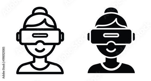 Virtual reality headset icon set featuring woman wearing goggles for gaming simulation digital experience metaverse technology entertainment and futuristic interface