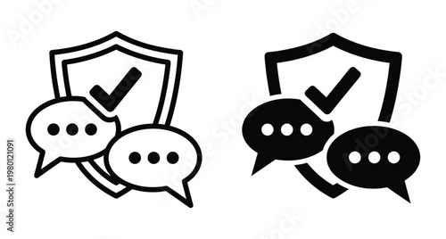 Secure communication icon set featuring shield with checkmark and speech bubbles in outline and solid black vector graphic styles