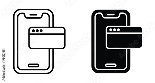 Smartphone mobile phone with browser window popup notification icon set in outline and solid glyph style for web design apps