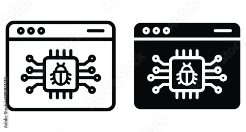 Browser window icon with microchip and bug symbol representing software malware virus debugging computer security web development and system vulnerability