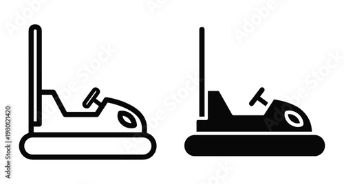 Bumper car icon set featuring outline and solid silhouette styles for amusement park funfair carnival ride attraction entertainment leisure activities