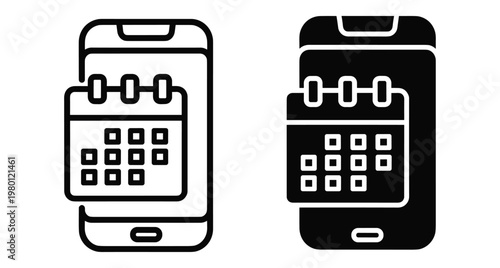 Smartphone with calendar icon for mobile scheduling appointment booking digital organizer app interface design in outline and solid black styles