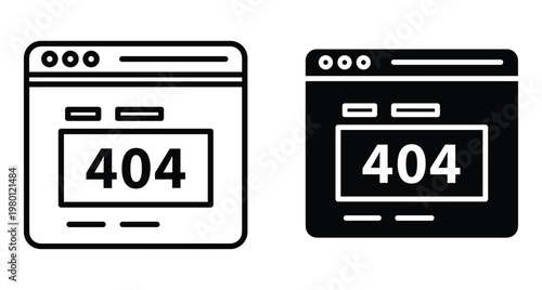 Web browser window error 404 page not found icon set with outline and solid glyph styles for website interface design