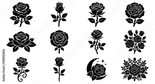 Foto Black rose silhouette vector set, elegant floral icons with stems and leaves, 12