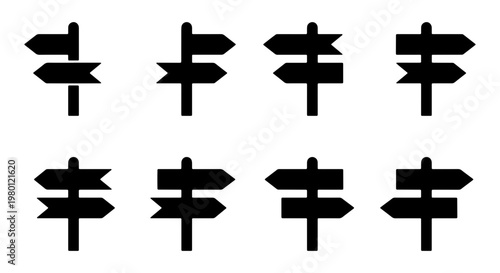 Directional signpost silhouette icons, black road sign symbols set, 8 navigation pointer vector elements for maps and wayfinding