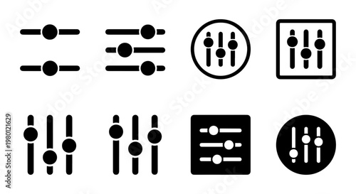 Minimalist settings slider icon set, black and white adjustment level symbols, 8 vector control faders for audio and visual interface design