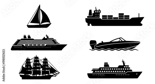Nautical vessel silhouettes set, black ship and boat icons for maritime transport, cargo freighter and cruise ship vector collection