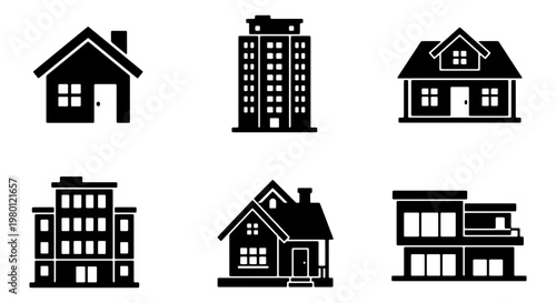 Minimalist house and building icon set, 6 black solid vector silhouettes of residential homes and office apartments, real estate property symbols