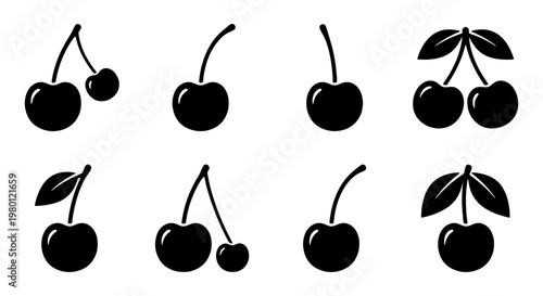 Minimalist cherry icon set, black silhouette cherry fruit symbols, collection of 8 vector cherry illustrations for food branding and menu design