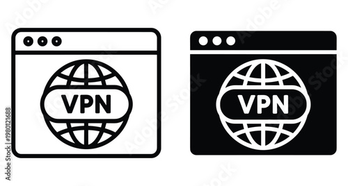 VPN browser icon set showing virtual private network connection with globe symbol for secure internet browsing and data privacy protection