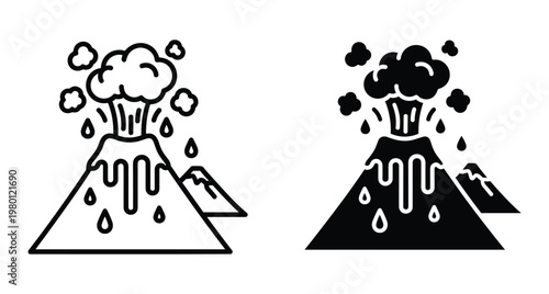 Volcano eruption icon set with smoke clouds and lava flow showing mountain peak in outline and solid black silhouette styles