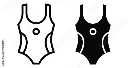 one piece swimsuit icon set featuring outline and solid black styles for summer beach wear swimming pool and athletic fashion