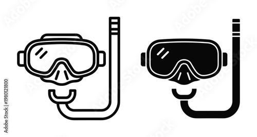 Snorkel and diving mask icon set featuring outline and solid black styles for summer vacation underwater swimming and scuba gear design