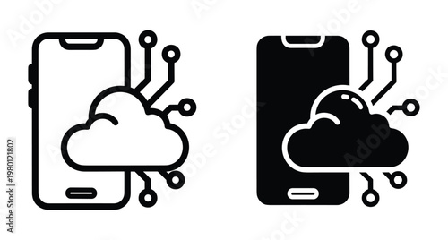 Smartphone cloud computing icon set representing mobile data storage network connectivity digital technology services and wireless internet communication system interface