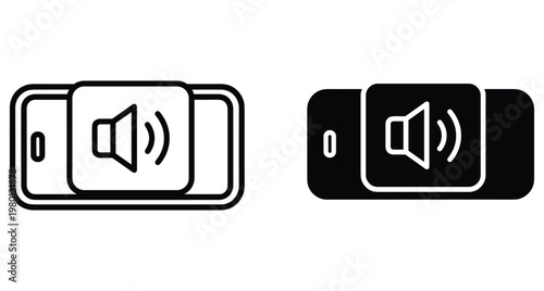 Smartphone volume icon set showing speaker symbol on mobile phone screen in outline and solid black styles for digital interface design