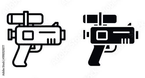Futuristic laser gun icon set featuring outline and solid glyph styles for gaming science fiction weapon design and digital interface