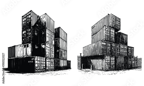 Large stacked shipping containers yard black and white sketch illustration set
