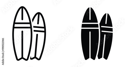 Surfboard icons set with outline and solid silhouette styles for water sports surfing equipment beach vacation and summer leisure activities