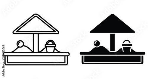 Sandbox icon set with roof bucket and ball for children playground park outdoor recreation equipment outline and solid black style