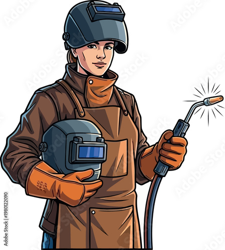 Welder professional woman holding welding torch and protective mask equipment isolated on white background vector illustration representing industrial construction work engineering maintenance skill a