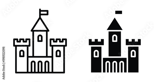 Castle fortress icon set featuring medieval tower architecture with flags and battlements in outline and solid black glyph vector styles