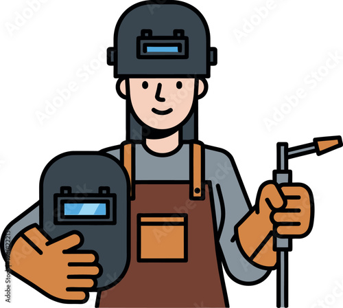 Welder professional character wearing protective safety equipment and holding a metal welding torch tool isolated on white background vector illustration for industrial construction projects engineeri