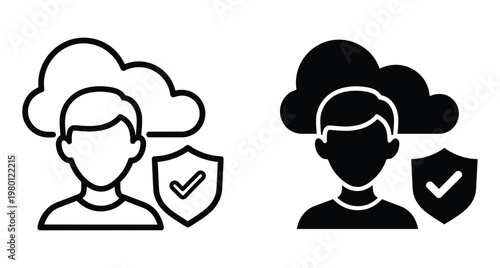 Cloud security user icon set featuring person with shield and checkmark for data protection and safe network storage access services