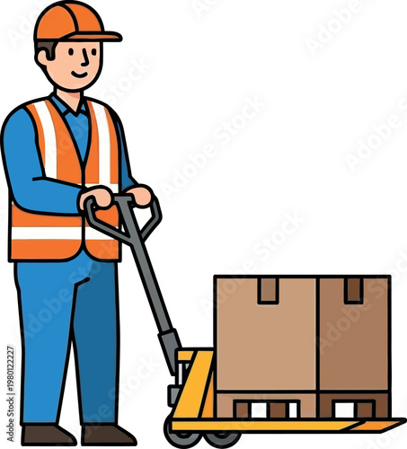 Warehouse worker vector illustration showing a professional delivery man wearing safety uniform equipment and orange high visibility vest while operating a pallet jack mover loaded with brown cardboar
