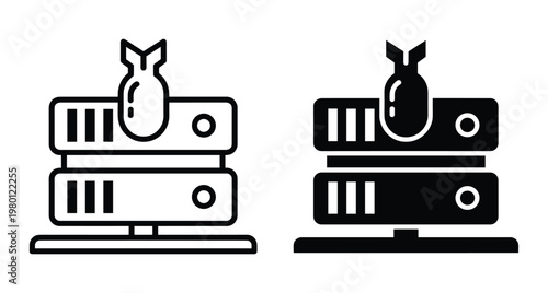 Server rack under attack with falling bomb icon representing cyber warfare data destruction system failure security breach and digital threat