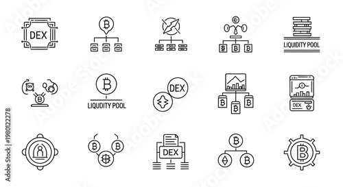 Cryptocurrency and blockchain technology icons.