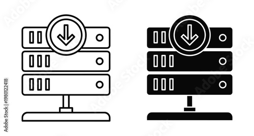 Server rack database download icon set with arrow symbol for data storage hosting network technology computing digital information transfer web