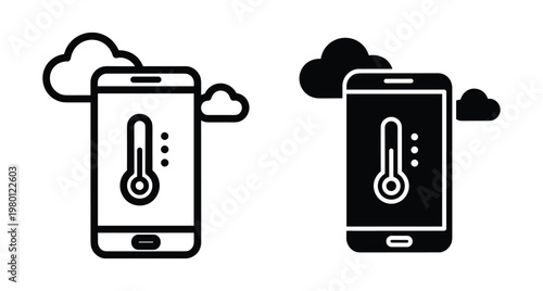 Mobile phone weather application icon set showing thermometer temperature measurement and clouds for climate monitoring smart home technology interface design