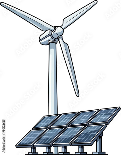 Windmill solar panels vector illustration depicting renewable energy sources and sustainable power generation technology for environmental conservation projects and ecological green infrastructure con