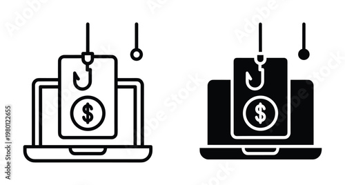 Phishing attack icon set showing laptop computer with fishing hook stealing money and financial data through fraudulent online scam activities