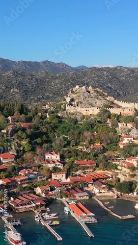 Byzantine fortress in the village of Kaleköy (ancient Simena) on a hill, located near the flooded city of Kekova in Turkey.	