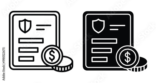 Insurance policy document icon set with shield and dollar coins for financial protection secure payment and business contract services