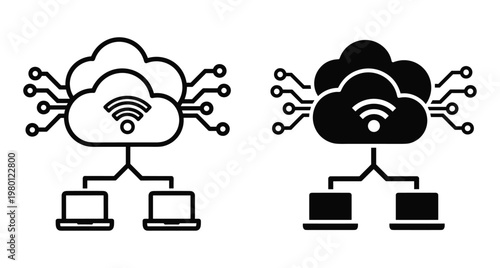 Cloud computing network icon set showing wireless connection between laptops and server database with circuit lines for data transfer technology