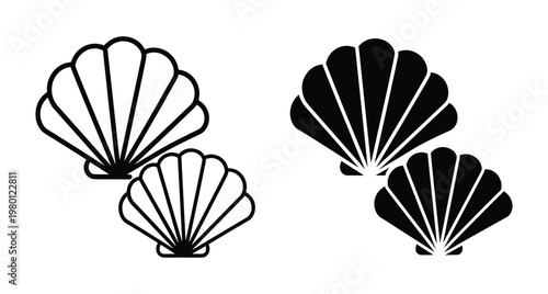 Seashell scallop clam shell icon set with outline and solid silhouette styles for summer beach ocean marine nature design projects