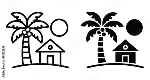Tropical island icon set featuring palm tree with coconuts small beach hut and sun in outline and solid black styles