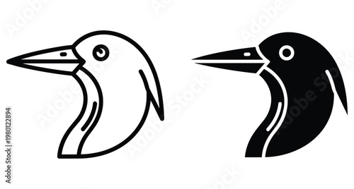 Penguin head icon set featuring minimalist line art and solid black silhouette profile of an aquatic bird for logo design
