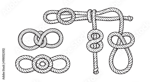 Assortment of nautical rope knots and loops, including figure eight and decorative designs