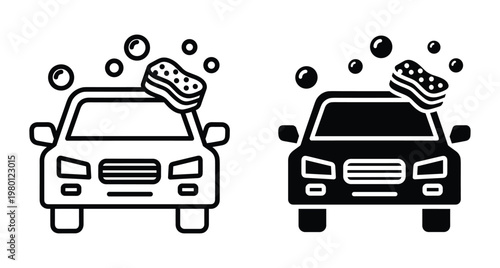 Car wash service icon set featuring front view vehicle with sponge and soap bubbles in outline and solid black styles