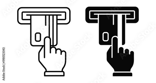 Hand inserting credit card into ATM machine slot for banking transaction payment and financial services in outline and solid style