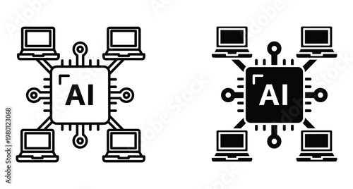 Central processor unit connected to four laptop computers representing distributed computing network machine learning technology and data processing system