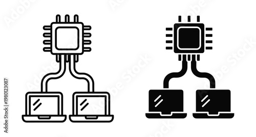 Central processing unit microchip connected to two laptop computers representing network infrastructure data transfer system architecture and digital communication technology