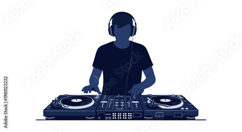 DJ playing music on turntables with headphones, silhouette, isolated on white background