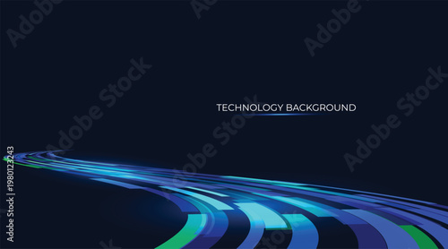 Futuristic Technology: Glowing curved lines in the background simulate data transmission. Curved trails of luminous neon lines trace dynamic routes within a digital void, simulating guided data flows