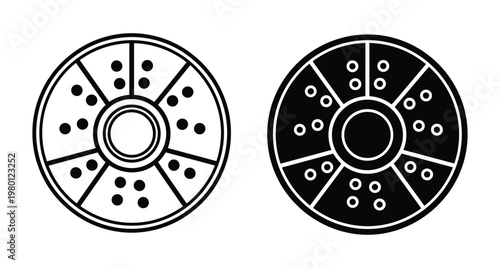 Automotive brake disc rotor icon set featuring outline and solid styles for vehicle maintenance repair service and car safety components