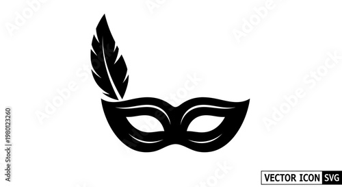 Masquerade mask with feather icon, black silhouette, vector graphic