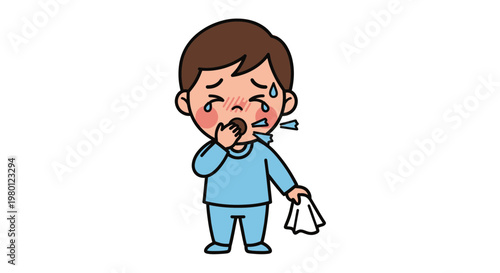 Sick Child Coughing and Sneezing with Tissue, Feeling Unwell